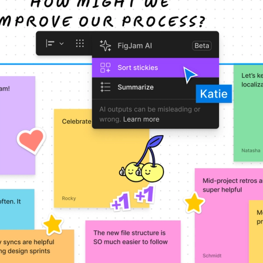 FigJam with the title 'How Might We Improve Our Process?'. Various interactive elements such as the 'FigJam AI' beta menu, offering options 'Sort stickies' and 'Summarize'. There are multiple sticky notes with feedback and illustrative elements like heart and star stickers and a drawing of cherries with '+1' symbols.