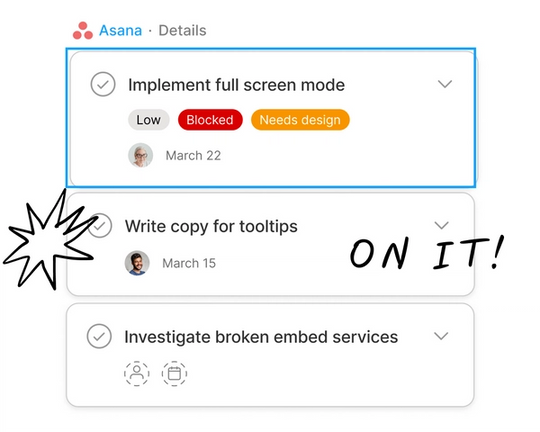 The Asana widget with three tasks that need to be completed