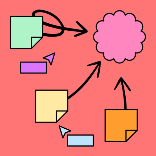 three sticky notes with arrows pointing to a scalloped edge circle