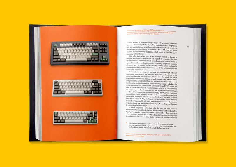 open face book showing orange spread with keyboards on a yellow background