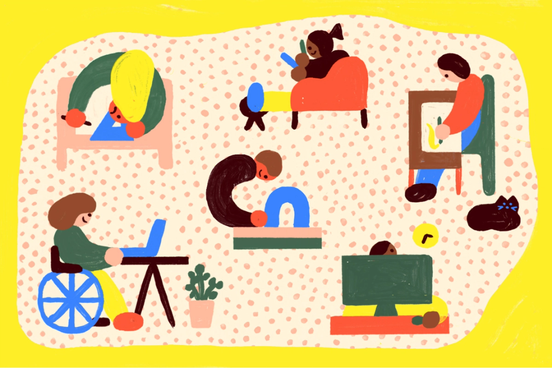 Illustration of diverse people engaged in various activities: a person in a wheelchair using a laptop, another lounging and reading a book, someone playing with a cat, a person painting, and an individual working at a computer desk.