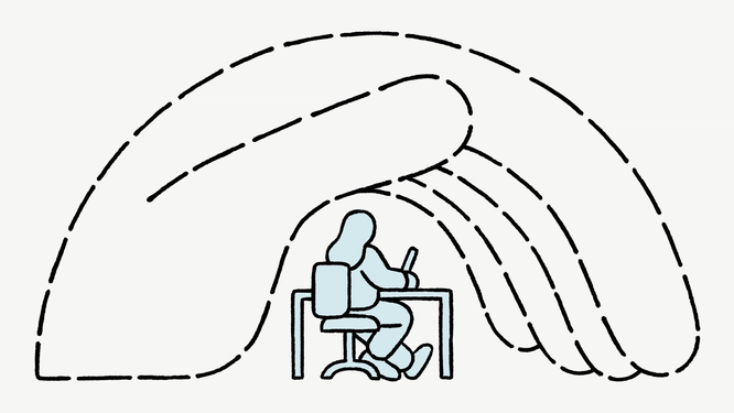 A person sits at a desk beneath a sketched out hand