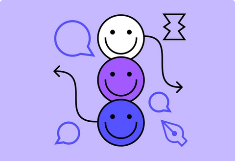Drei fröhliche Gesichter mit Sprechblasen und einem Stiftwerkzeug-Symbol