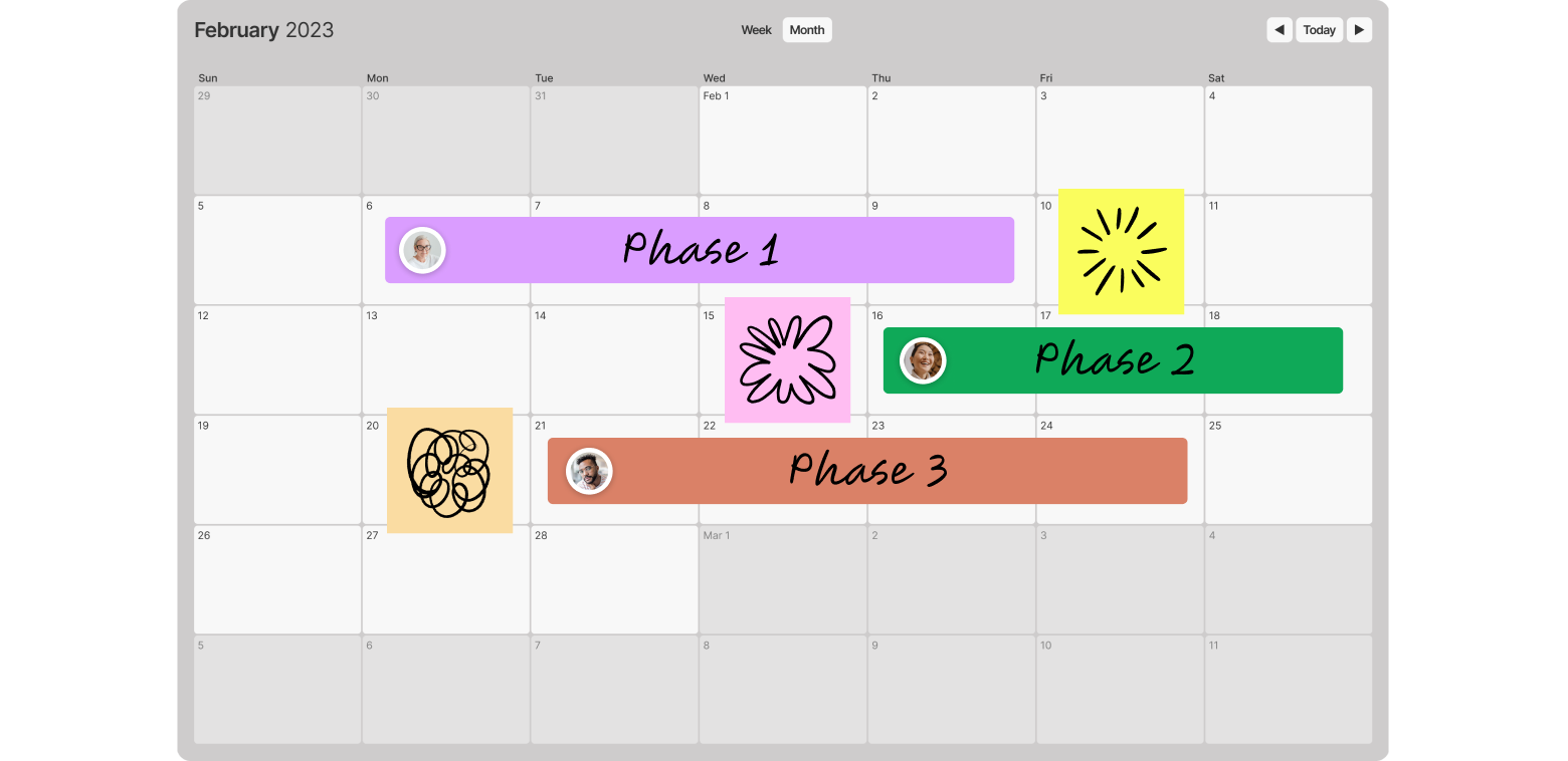 The Timeline widget with three phases of a project blocked out by color