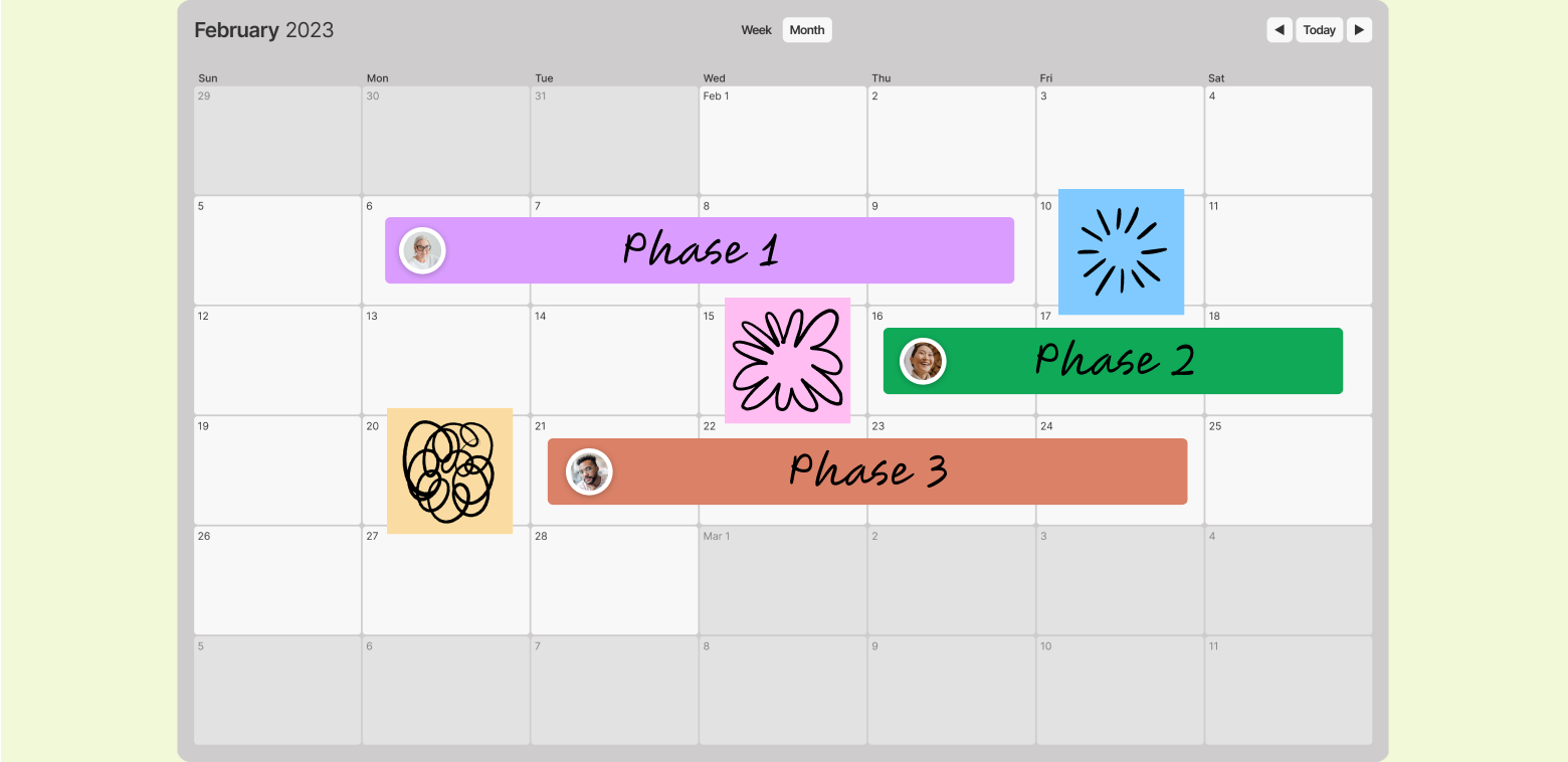 Das Zeitplan-Widget mit drei Phasen eines Projektes, die farblich markiert sind