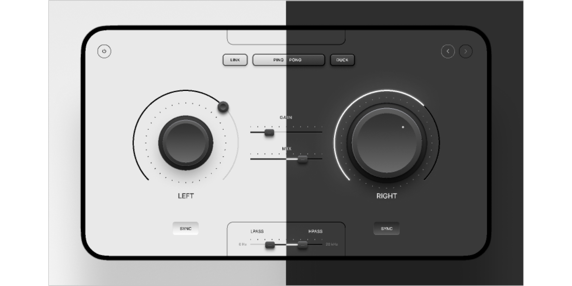 A minimalistic synth that is half white, half black features knobs and switches that are found on physical designs.