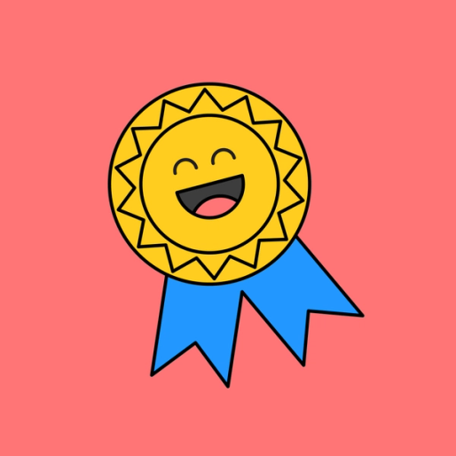 yellow and blue medal with a laughing emoji overlayed on it