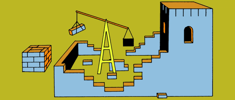 一台起重机正在将砖块从一个立方体移到一座目前正在建造中的蓝色城堡。