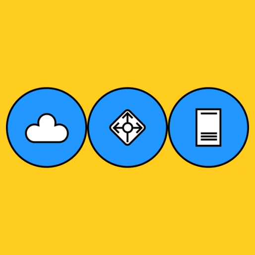 three blue circles with a could icon, arrow icon, and paper icon
