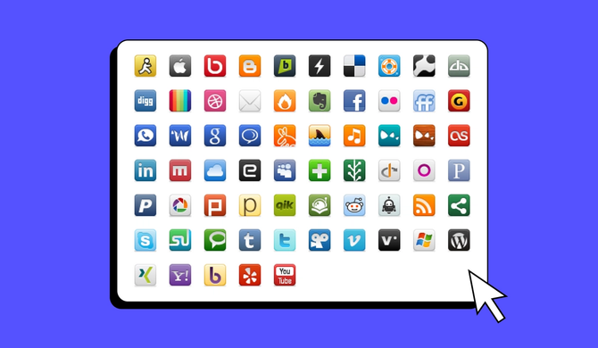 Many icons representing digital products are laid out on a screen, with a cursor on the bottom righthand corner.
