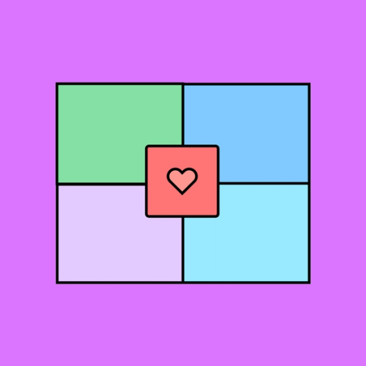 four rectangles on a violet background with a red heart in the center