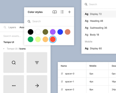A screenshot of a design system interface displaying color styles and typography. The color palette includes black, white, a range of greens, blues, an orange, and a purple. On the right side, typography examples are shown, including 'Display 72', 'Heading 48', 'Subheading 36', 'Body 18', and 'Mobile Display 60', demonstrating different font sizes. Below, there is a table listing component spacers with names and size values for desktop and mobile.