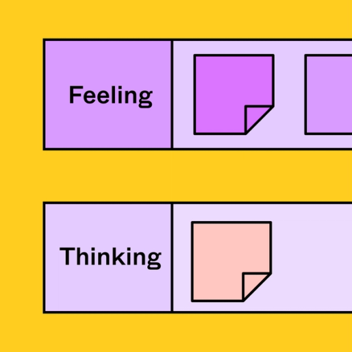 purple and lilac rectangles labeled feeling and thinking with colorful sticky notes overlayed on top