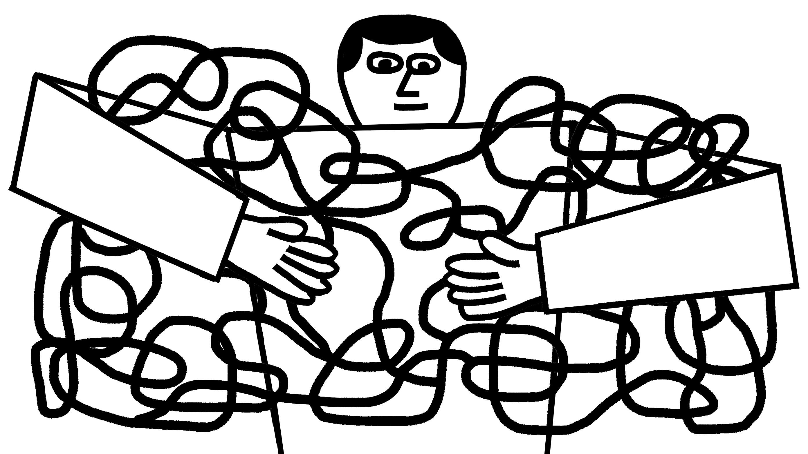 A person embracing chaos, illustrated as hugging an unwieldy squiggly line