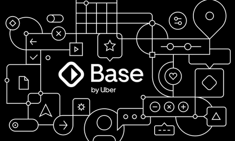 Uber's Base design system UI Kit, featuring a monochromatic network of icons and UI elements, symbolizing interconnectedness and tech-focused design.