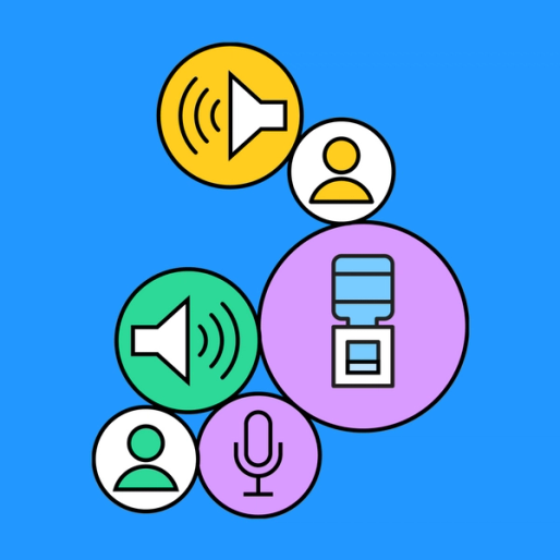 various icons in a bubble grouping such as human icons, speaker, and mic icons