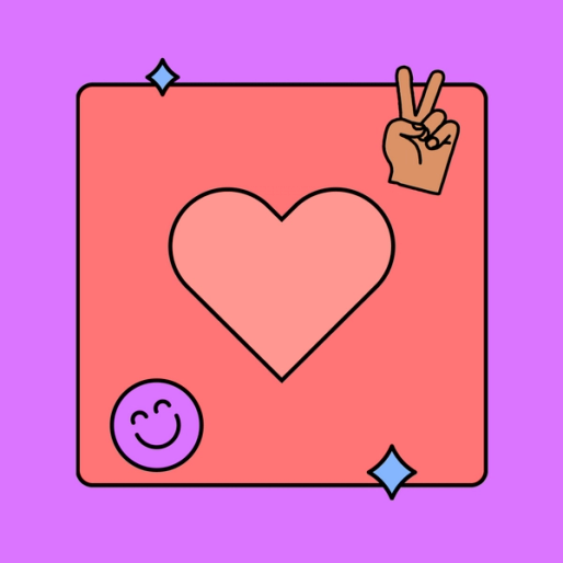 red heart on a violet background with various emojis around it