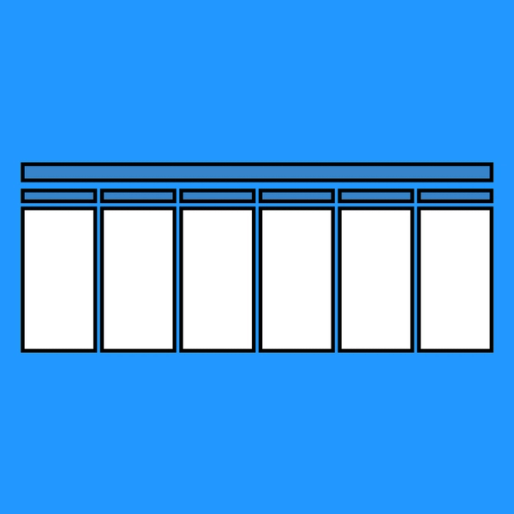 six columns of rectangles with a timeline diagram over the top