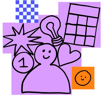 A large group of purple stickies with a hand-drawn person, calendar, lightbulb, and other shapes