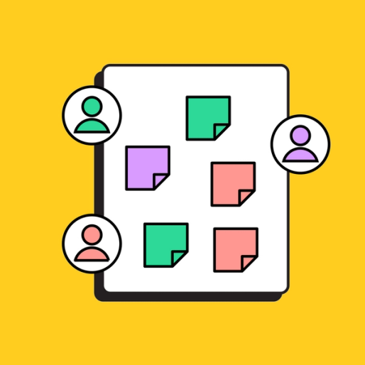 one large rectangle with colorful sticky notes and three human icons