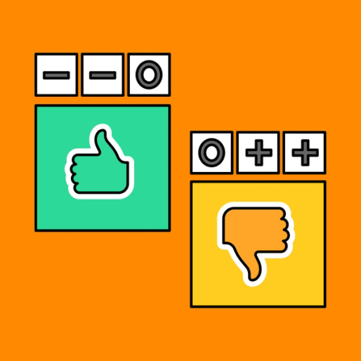green thumbs up emoji and a yellow thumbs down emoji with plus and negative symbols from a Pugh matrix