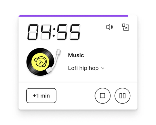 Das Timer-Widget zeigt 4 Minuten und 55 Sekunden, während „lo-fi Hip Hop“-Musik abgespielt wird.