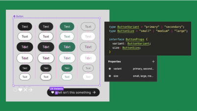 Figma 文件中按钮的屏幕截图,右侧有相关代码。