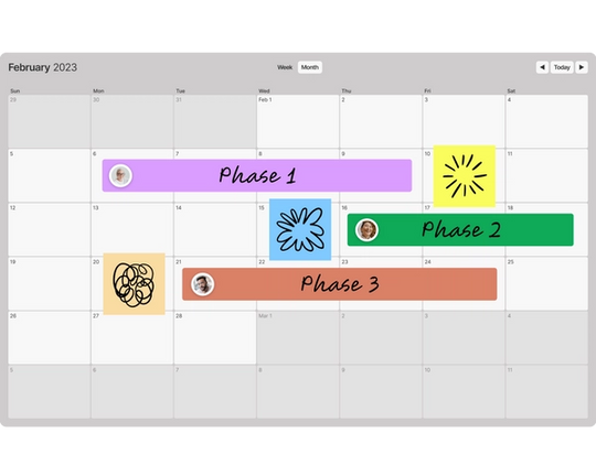 Widget Timeline avec trois phases d'un projet identifiées par couleur