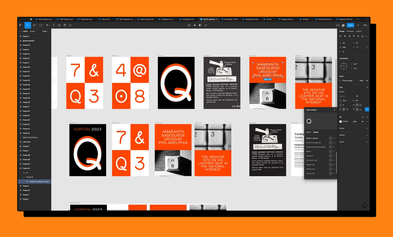 Screenshot of Figma with different type specimens for Gorton, a rounded funky typeface