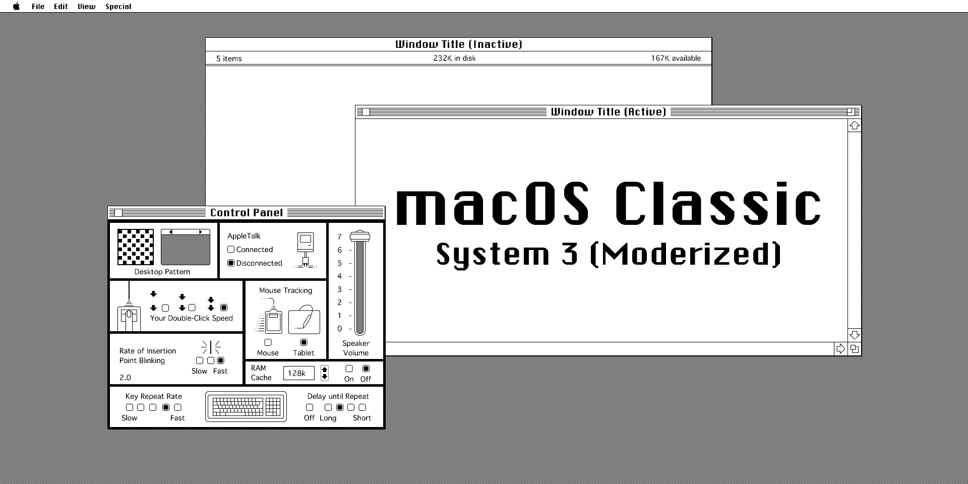 Three black and white pop-ups rendered in a classic MacOS style are layered over a gray background.