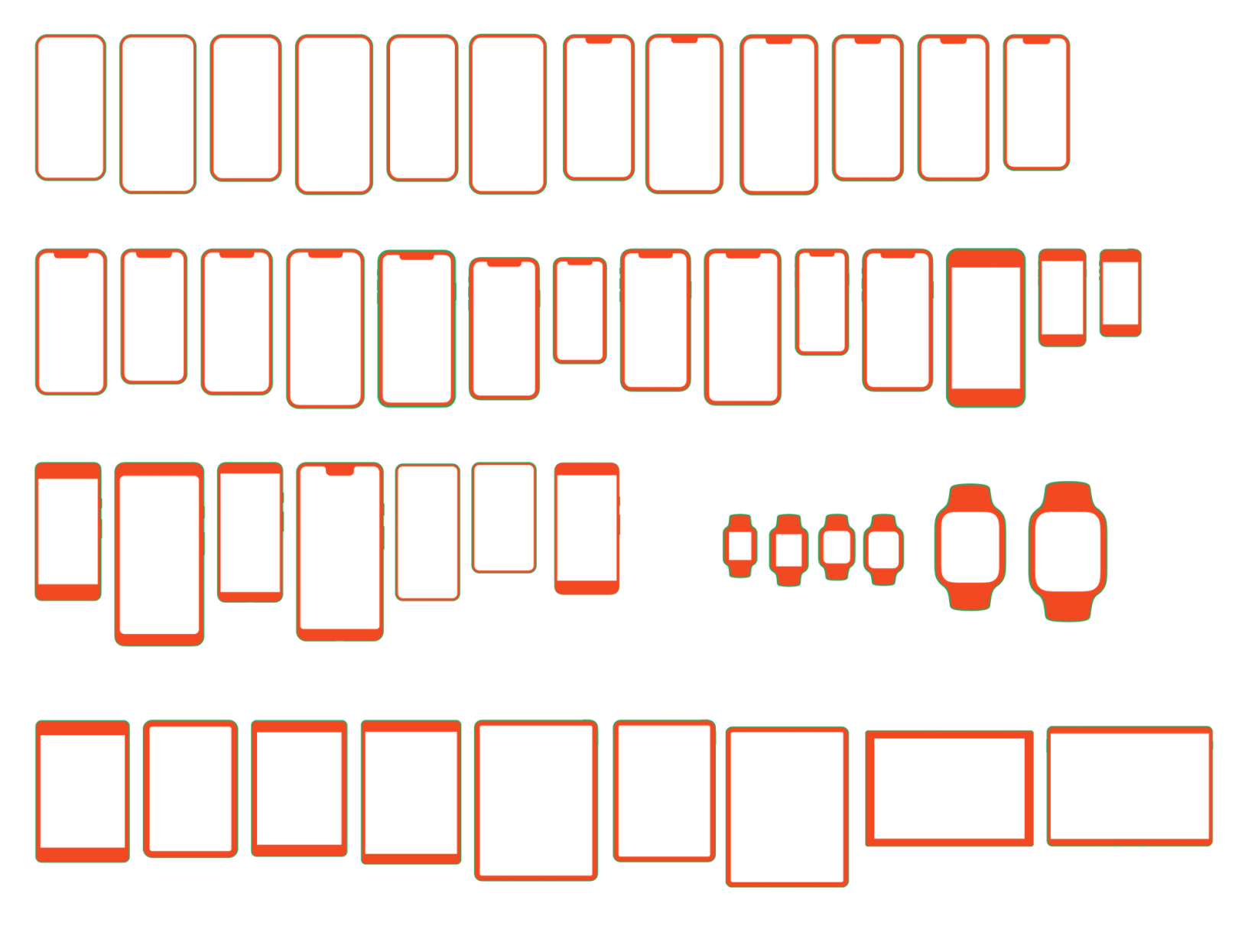 A collection of red outlines representing various Apple and Google devices, including iPhones, iPads, and watches, laid out in a grid format for design selection.