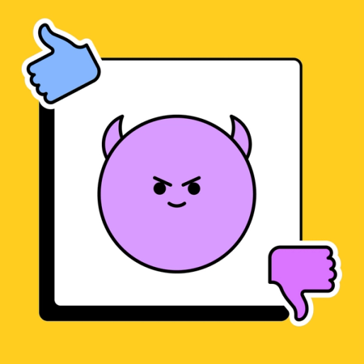 thumbs up and thumbs down hovering over emoji with evil horns 
