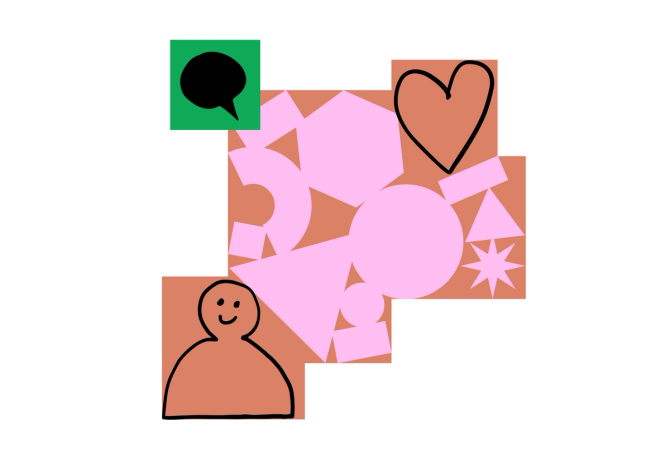 Abstract illustration showing a heart, chat bubble, person, and various shapes