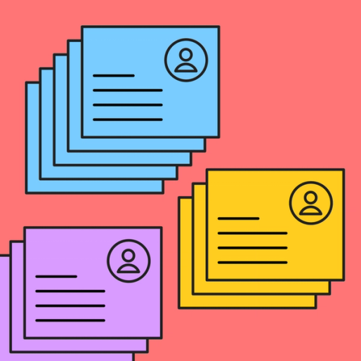 blue, purple and yellow user icon documents over a red background