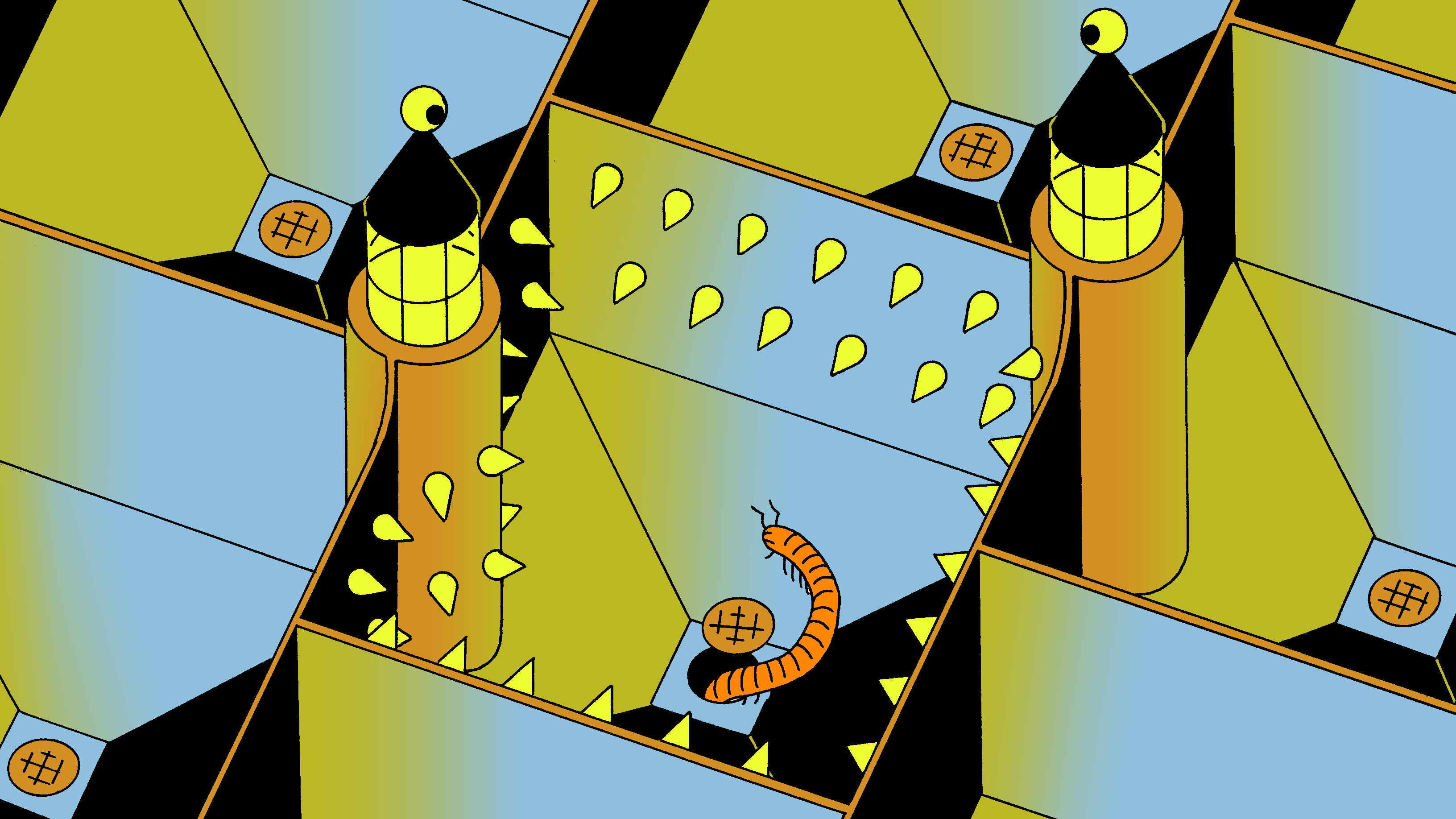 A millipede gets into a castle by going up through the drain into a pit with spikes. The pit stops it from getting out.