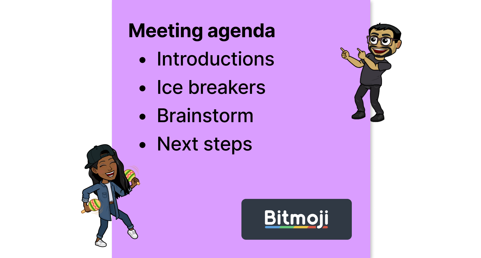 A sticky note with a meeting agenda and two bitmojis of team members