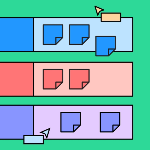 three colorful rectangles with sticky notes overlayed on top