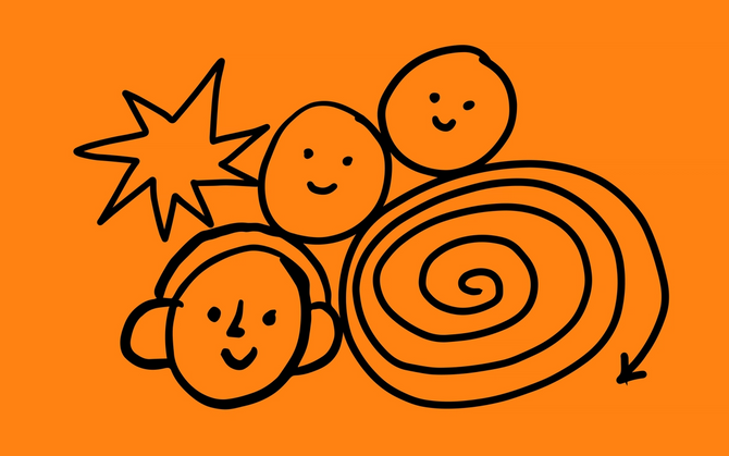 An illustration of three faces, a star, and a spiral, all set against an orange background