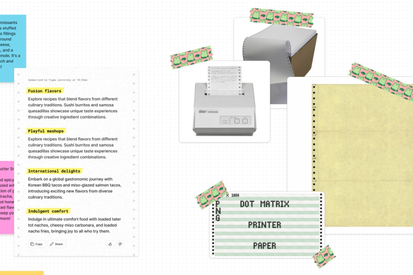 Various examples of dot matrix printer paper displayed on a FigJam board using digital washi tape alongside the final summary design.