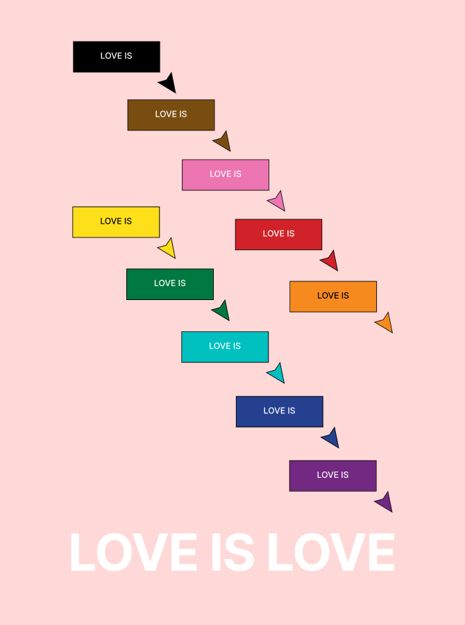 Two rows of Figma multiplayer cursors in the colors make up the color of the rainbow. Each reads “Love is” and points to the next. The bottom of the image reads “Love is Love”.