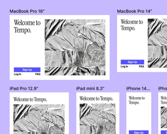 “Welcome to Tempo” sign-up page layout design for a variety of devices, including MacBook Pro 16” and 14” as well as iPads and iPhones.