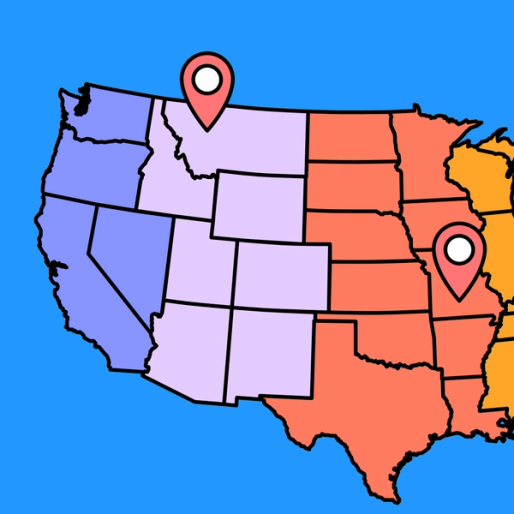 two red map pins over a map of the United States