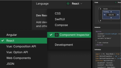 在代码块的左侧显示已选择的“React”和“Component Inspector”的下拉菜单。