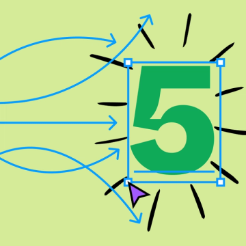 The number 5 in green, with black strokes, blue arrows, and a purple cursor.
