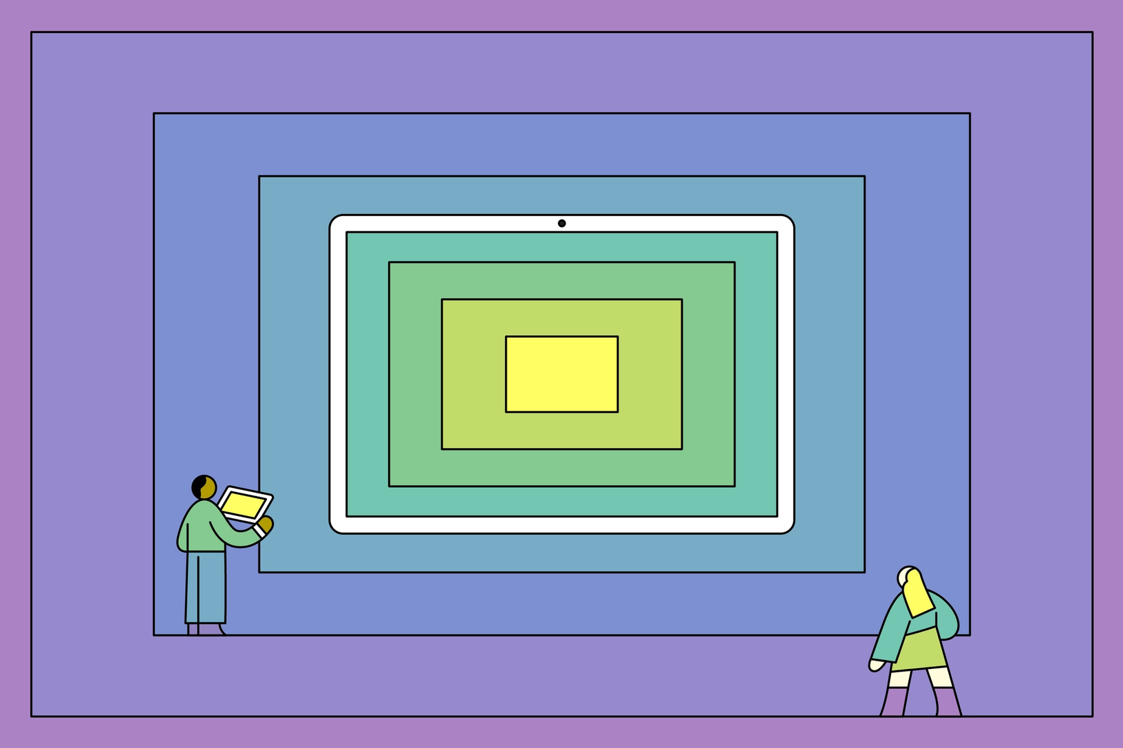 An illustration featuring two individuals within a gallery-like setting, where concentric frames resembling digital devices such as a tablet are displayed on the wall. The innermost frame glows in a bright yellow, catching the attention of the figure on the left who is studying it with a tablet in hand, while the second figure walks past. 