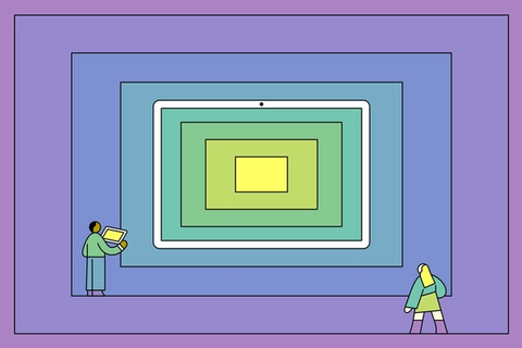 An illustration featuring two individuals within a gallery-like setting, where concentric frames resembling digital devices such as a tablet are displayed on the wall. The innermost frame glows in a bright yellow, catching the attention of the figure on the left who is studying it with a tablet in hand, while the second figure walks past. 