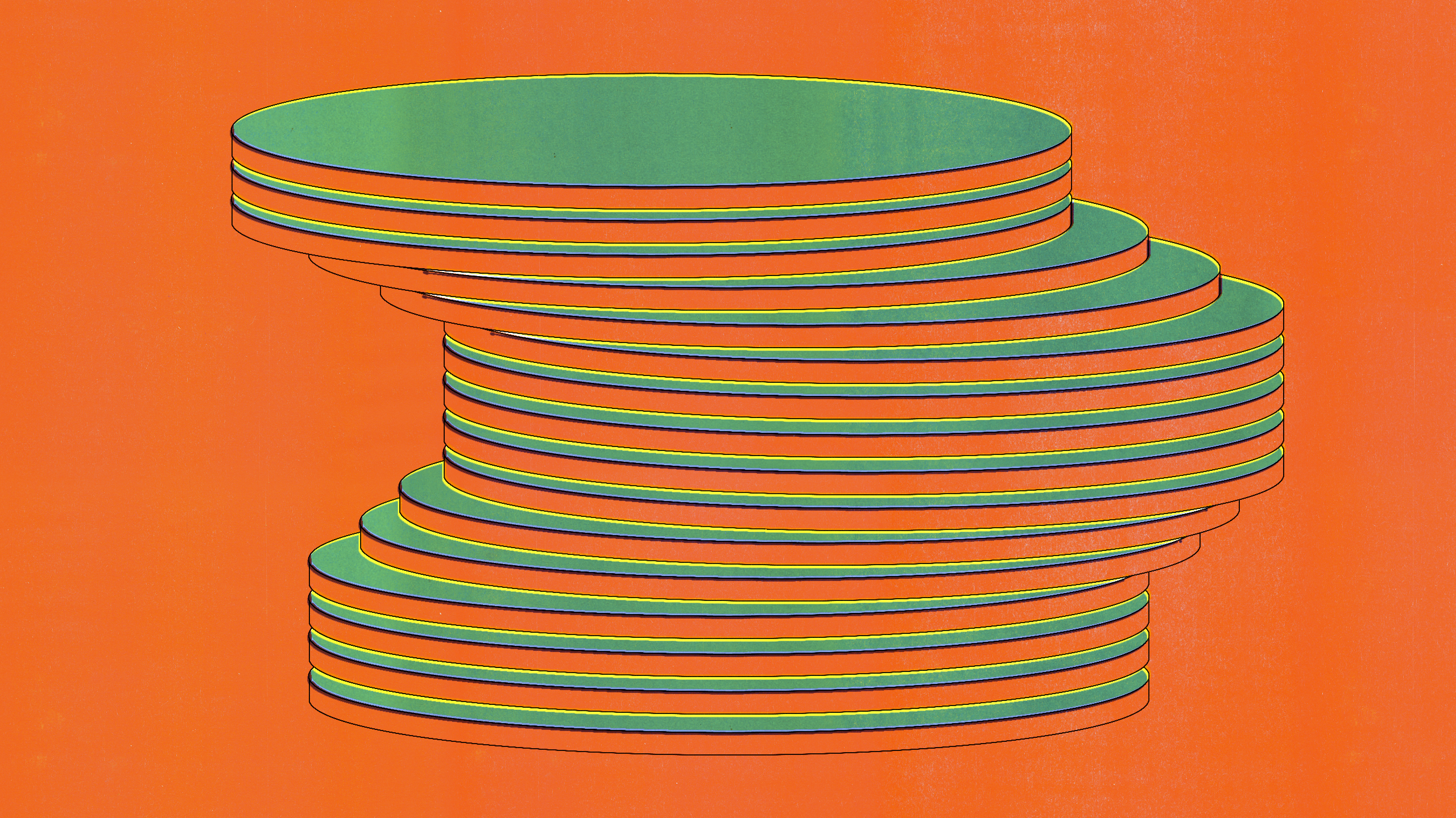 Image of a cylindrical stack of green, yellow, and red striped disks, creating a layered effect, against an orange background.