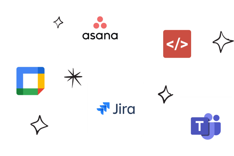 Logos der Integrationen für Jira, Asana, Google Cal und weitere, umgeben von handgezeichneten Sternsymbolen