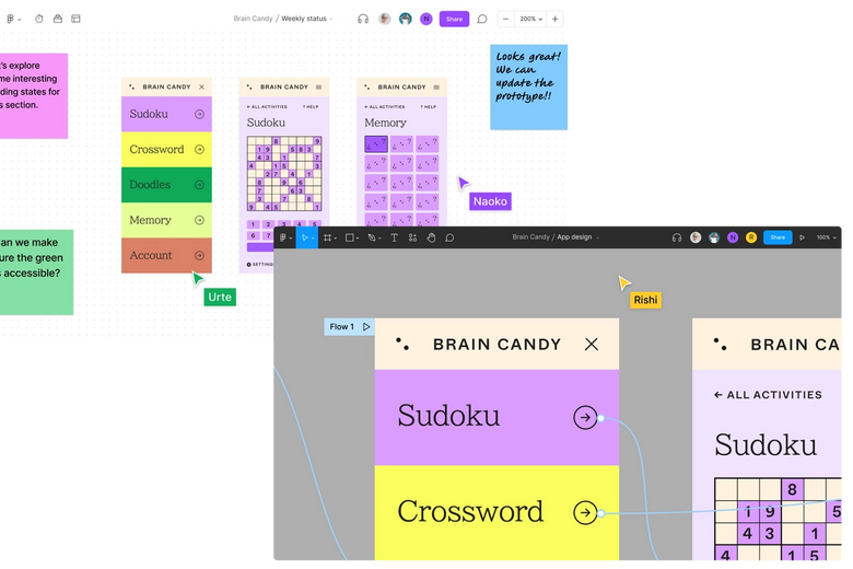Dateien aus FigJam und Figma nebeneinandergelegt zeigen den Fortschritt einer App für Mobilgeräte vom Brainstorming bis zum Design