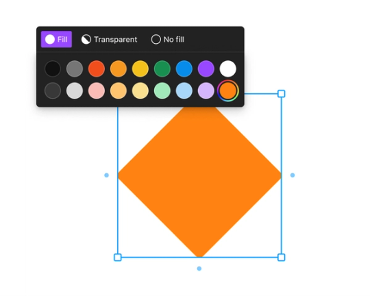 An orange diamond with a bounding box. The color picker is above it, with orange selected